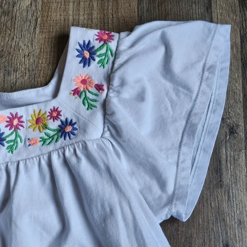 Crewcuts Embroidered Floral Peasant Top White Flutter Sleeve Kids 14 Flaws